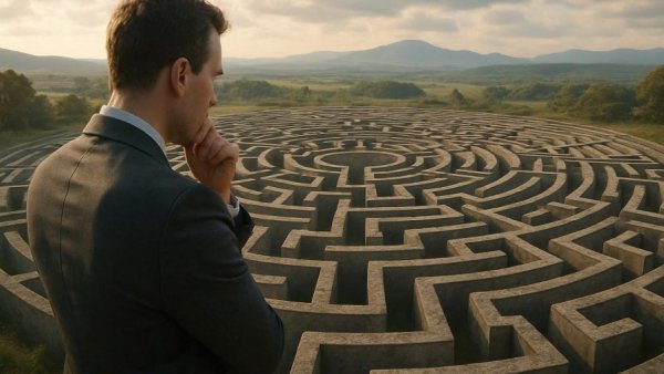 Businessman planning integrated digital marketing strategy over a maze.