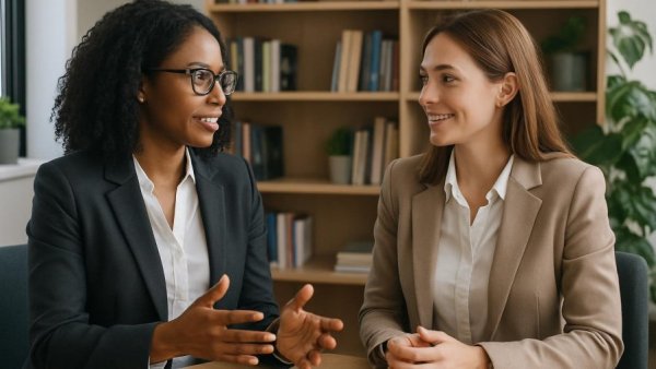 Professional women discussing trust in B2B sales in an office setting.