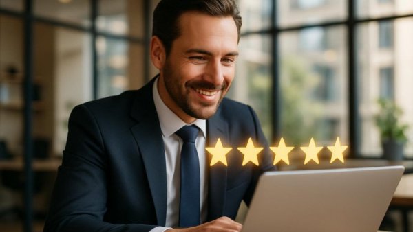 Professional reviewing online ratings on laptop for self-storage.