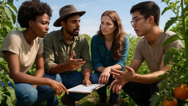 Young agripreneurs discussing agroecology strategies in a garden.