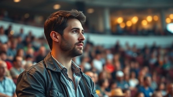 Man at public event with crowd in stadium, thoughtful expression.