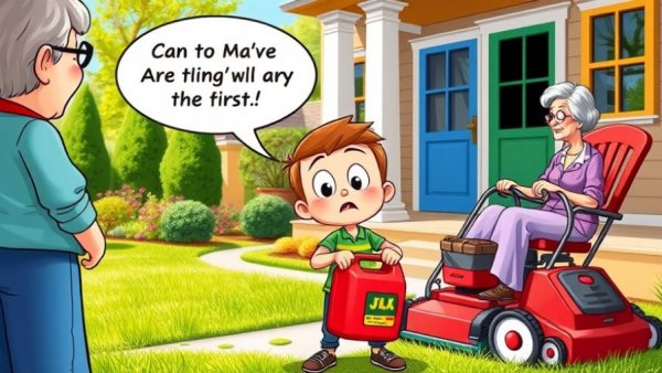 Cartoon of a boy discussing lawn care costs with a woman, emphasizing lawn fertilization and weed control services Muskegon.