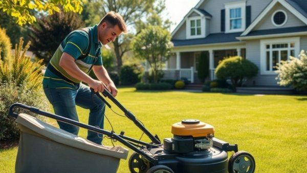 Dedicated lawn care worker managing equipment in a sunny yard
