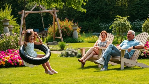 Family enjoying lawn care summer preparation in a beautiful garden.