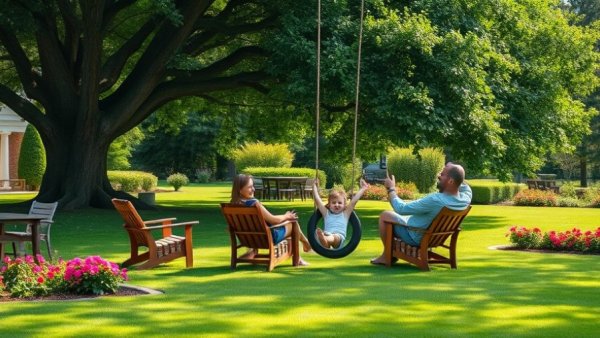 Family enjoying a lush lawn, ideal for lawn fertilization and weed control.