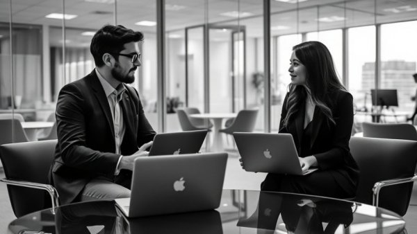 Professionals discussing digital marketing ROI in modern office.