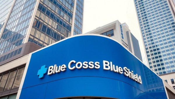 Blue Cross Blue Shield logo on building, Michigan, bright day