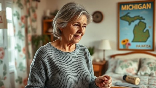 Mature woman by medication table in Michigan home, drug cost discussion.