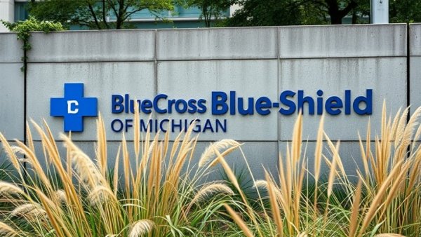 Blue Cross Blue Shield Michigan logo on concrete wall with grass.
