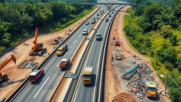 Aerial view of Michigan highway construction with equipment and workers.