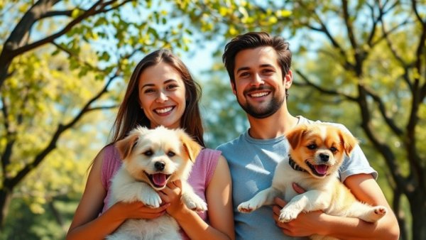 Young couple with dogs under trees, sunny day, Michigan economy impact.