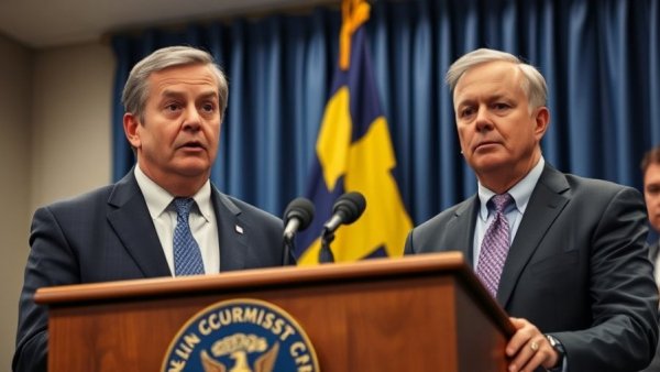Officials at press conference in front of Michigan flag.