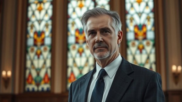 Distinguished man in a suit in front of stained glass windows.