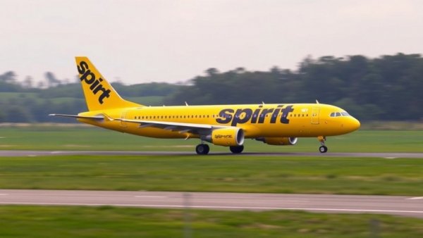 Spirit Airlines plane taxiing at Michigan airport, Michigan travel guide information.