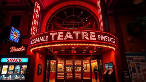 Cinema snack counter and neon lights showcasing dining options in Michigan