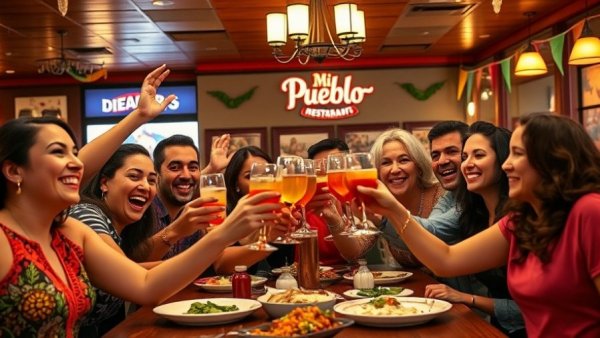Cinco de Mayo celebration at Mi Pueblo Mexican Restaurants with people toasting.