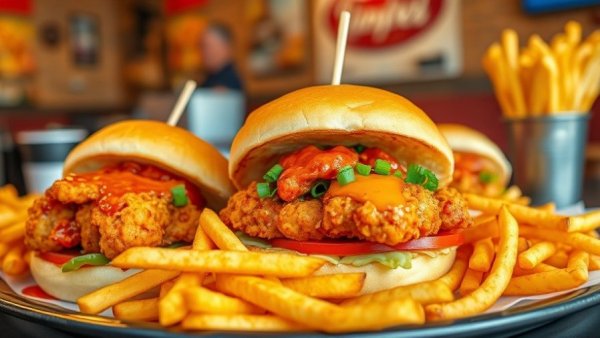 Dave's Hot Chicken spread with fries in Grand Rapids.