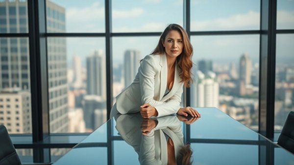 Confident businesswoman in white suit in an urban office.