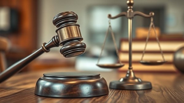 Justice and law symbol with gavel and scale on table.