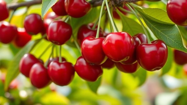 Red cherries on a branch with green leaves