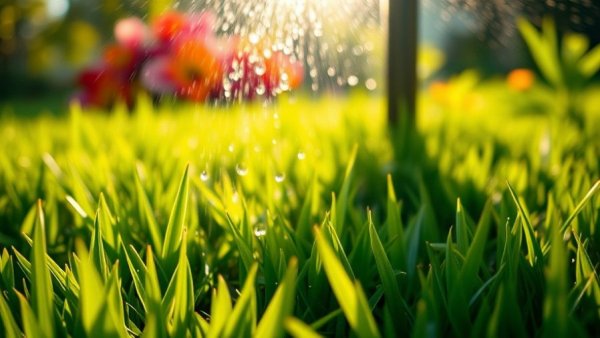 Vibrant lawn care scene with sprinkler in Shelby, MI.
