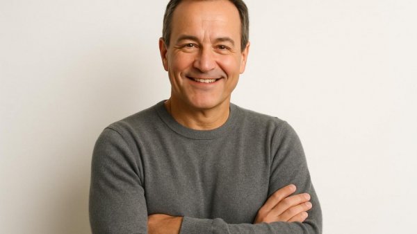 Confident middle-aged man smiling in professional portrait on white background