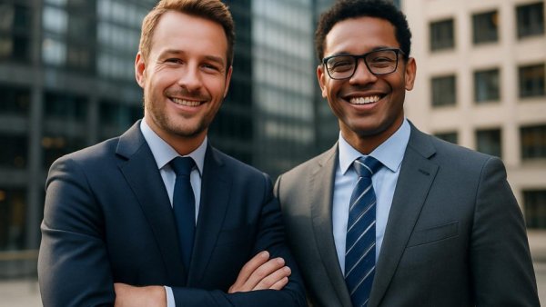 Confident businessmen in urban setting symbolizing digital marketing strategies for small businesses.