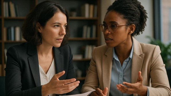 Two women building trust in a B2B sales discussion.