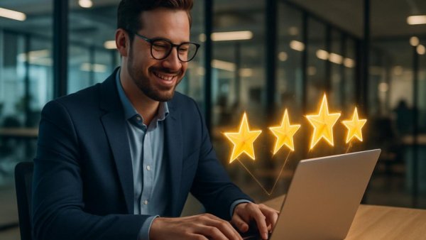 Businessman checking online reviews for self-storage on laptop.