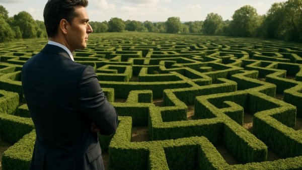 Mastering digital marketing strategy represented by businessman overlooking maze.