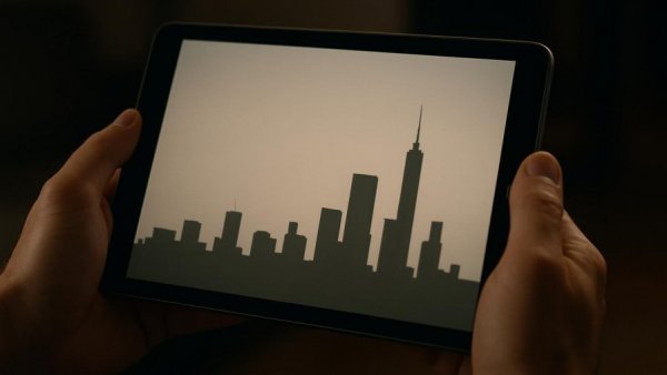Simple urban skyline on digital device for online marketing in Detroit.