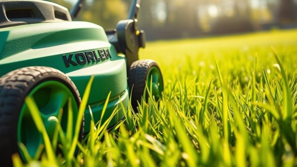 Green lawn mower on grass highlighting rising gas prices in lawn care services.
