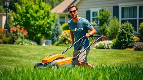 Man mowing lawn for LawnStarter service.