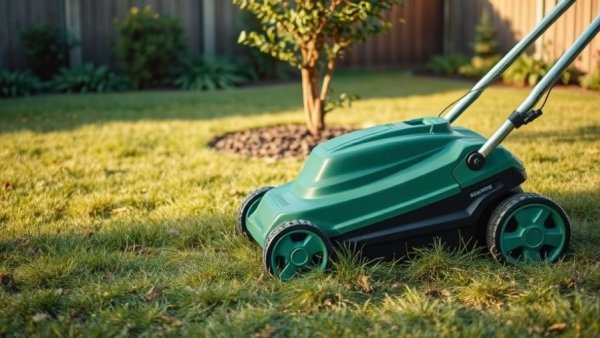 Electric lawn mower on patchy grass under a tree. First-Time Lawn Care Guide.