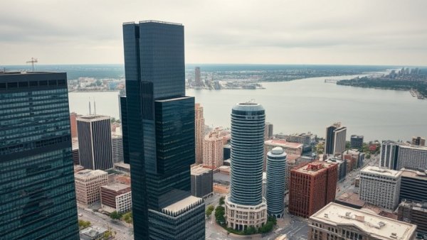 Aerial view of Detroit cityscape with skyscrapers and river.
