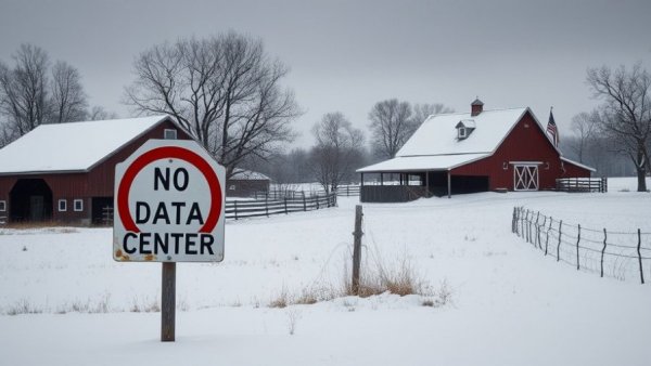 Wintry Michigan farm scene with anti-data center sign.
