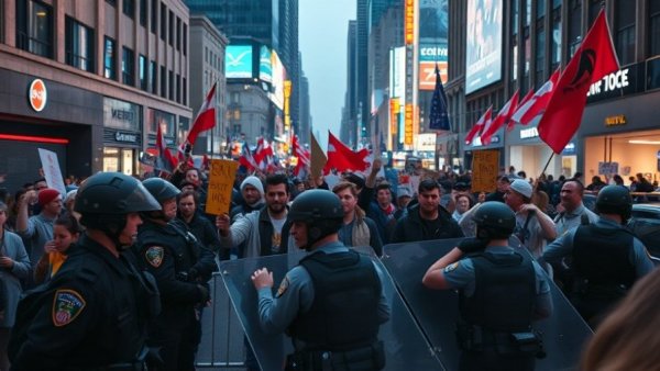 Protestors and police clash at night in city street, vibrant scene.