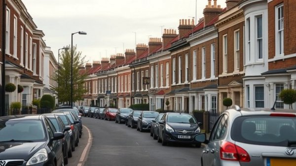 UK row houses and parked cars in residential area for debt funds real estate lenders.