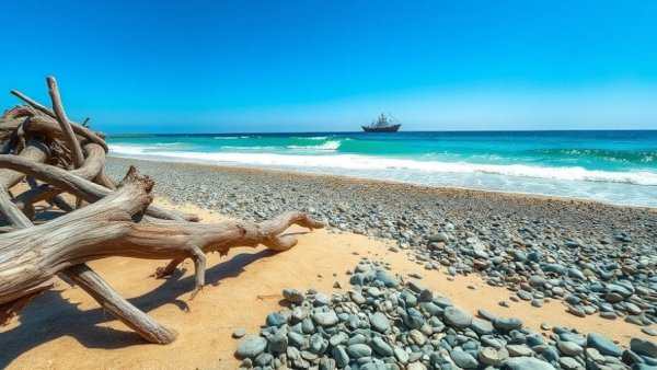 Scenic beach with driftwood and pebbles in Michigan