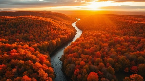 Stunning autumn forest with river and waterfall in sunset light, Pure Michigan travel campaign success.