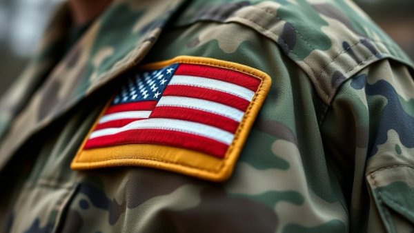 Close-up of military uniform with American flag patch.