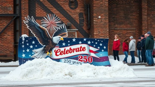 Patriotic mural on snow plow blade with eagle and text.