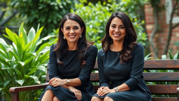 Two professional women in a garden, smiling together.