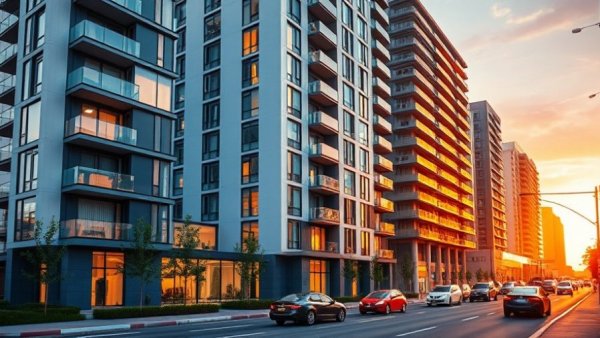 Modern apartment complex illustrating property management technology.