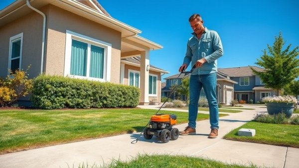 Man using electric pressure washer on sidewalk in Muskegon yard