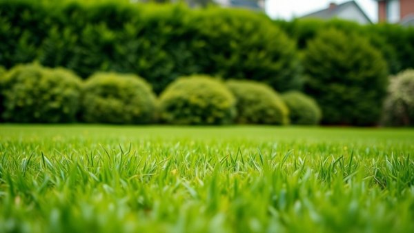 Serene suburban lawn with lush green grass and shrubs.