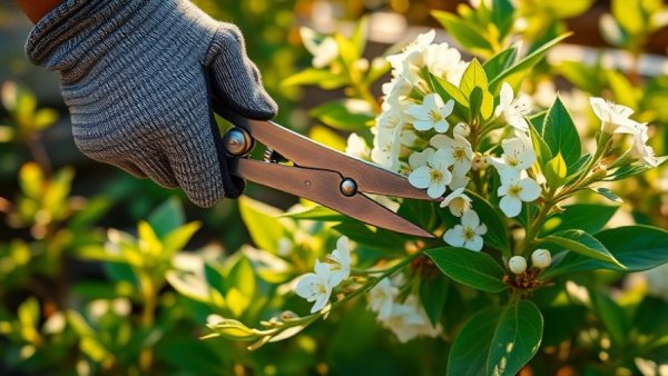 Pruning spring perennials in a garden with a glove and shears.