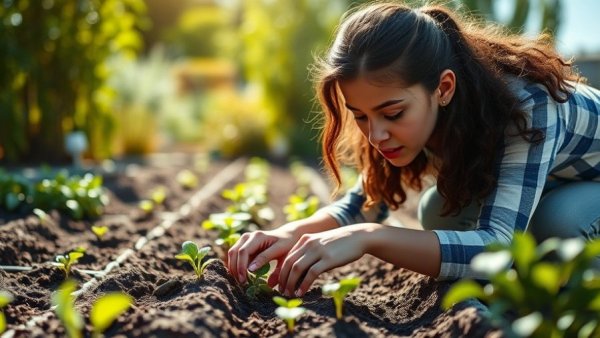 Woman planting vegetables using succession sowing method in garden.