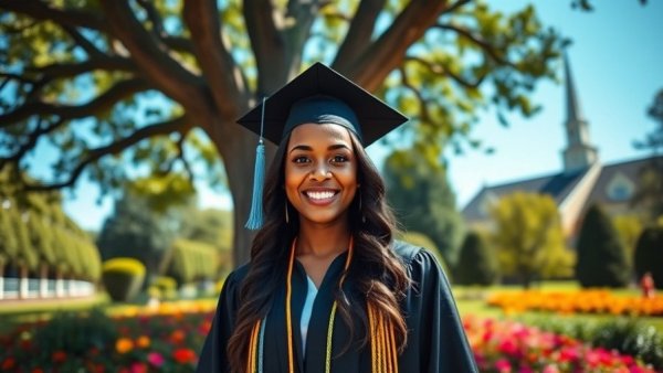 Graduate smiling in a garden, embracing human-centered achievement.