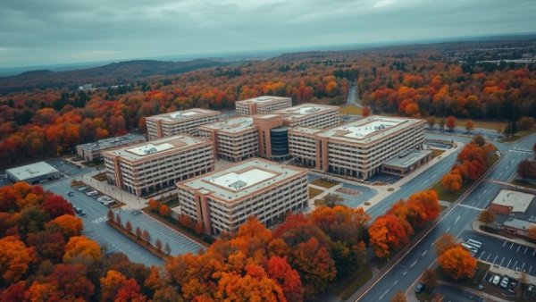 Aerial view of Michigan Medicine hospital amid autumn foliage.